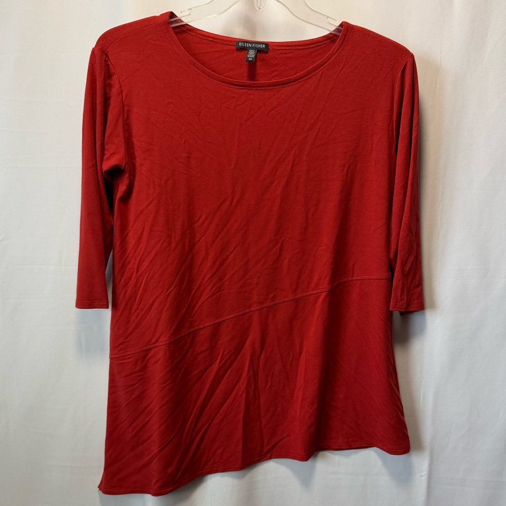 Eileen Fisher Tunic Top Red Viscose Flattering Side Slit Classic Minimalist
